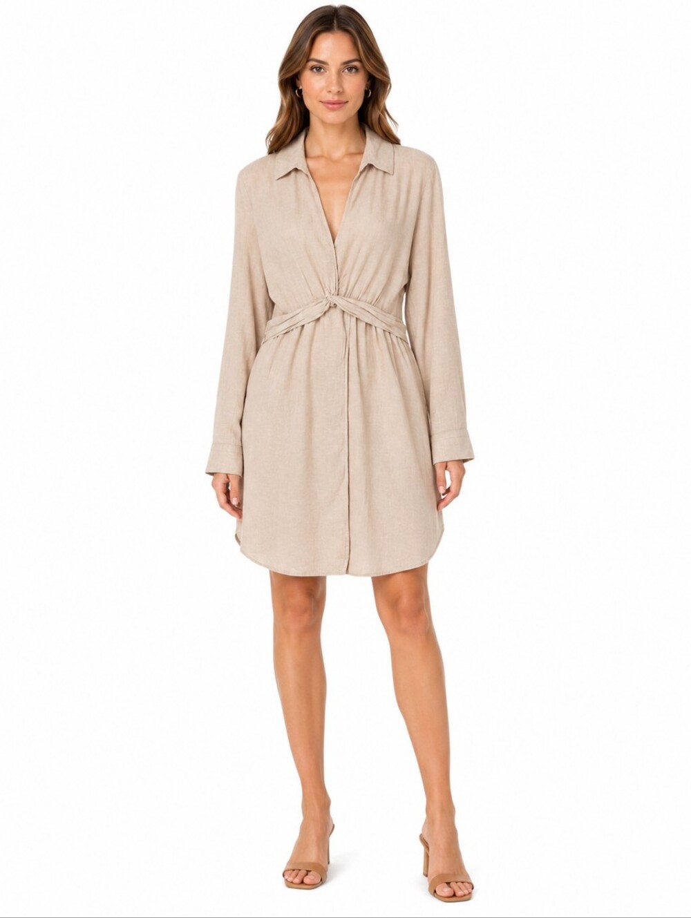 Joie Linen Blend Shirt Dress Beige Long‎ Sleeve With Pockets Size Large